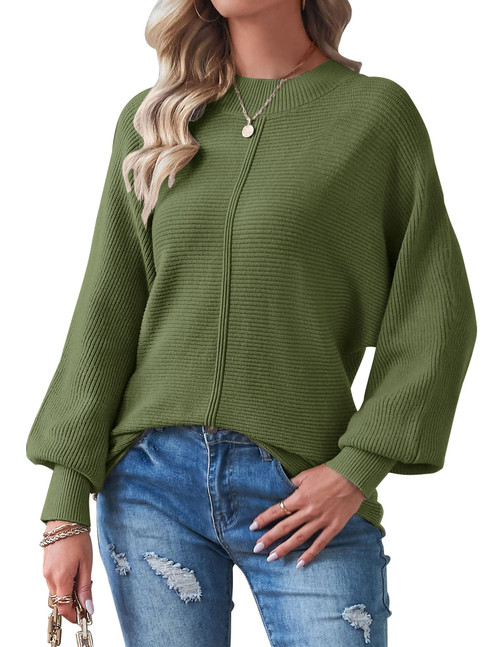 TECREW Womens Ribbed Pullover Sweater Tops Winter Trendy Warm Slouchy Pullover Jumper, Green, Medium