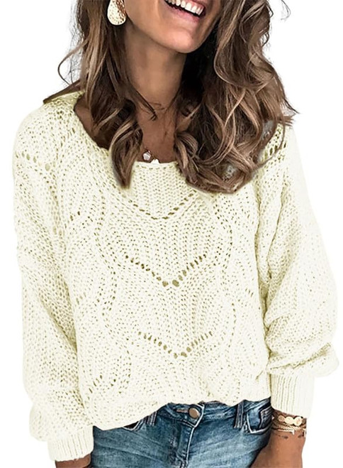 Dokotoo Womans Ladies Soft Warm Crewneck Solid Hollow Out Chunky Autumn Winter Fall Cozy Long Sleeve Cable Knit Pullovers Sweaters for Women White M