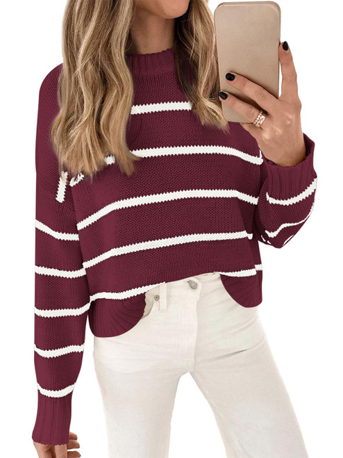 LILLUSORY Womens Striped Sweater 2023 Red Christmas Pullover Knit Crewneck Long Sleeve Winter Cable Knitted Sweaters