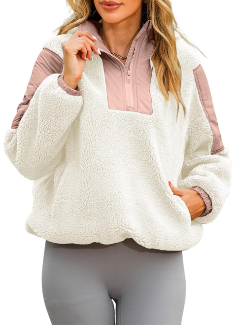 AlvaQ Womens Half Zip Pullover Sweatshirts Quarter Zip Oversized Fleece Hoodies Fall Winter Clothes Chunky Fuzzy Pullover Tops Fashion 2023 White Large
