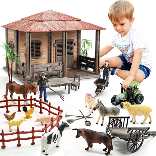 Farm Animals Farmhouse Building Toys, Farm Figurines and Fence Playset, Farmer Vehicle Toy Truck Pretend Play Set for 3-10 Years Old Kids Boys Girls Toddlers, 150PCS