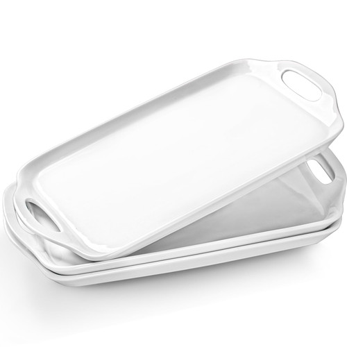 Serving Tray with Handles, 16"x 9.5" Large Serving Platter, White Porcelain Platters for Serving Food, Serving Platters and Trays for Parties, Entertaining, Dessert, Fruit, Turkey, 3-Pack, Rectangle