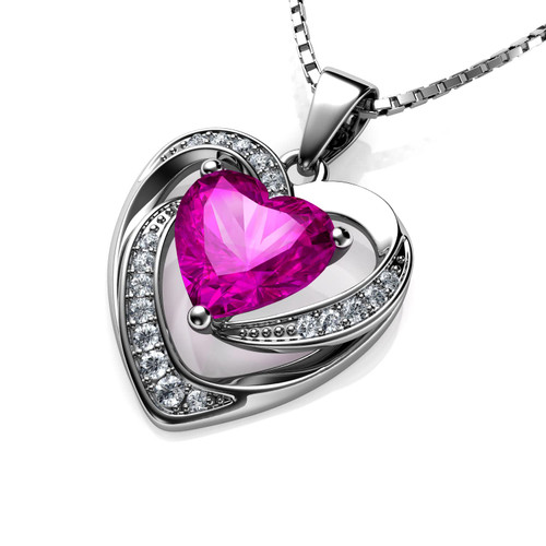 DEPHINI - Pink Heart Necklace - 925 Silver Heart Pendant Embellished with Crystal 18 inch Sterling Silver Chain Jewelry Box Gifts for Women DEPHINI - Pink Heart Necklace - 925 Silver Heart Pendant Embellished with Crystal 18 inch Sterling Silver Chain Jewelry Box Gifts for Women