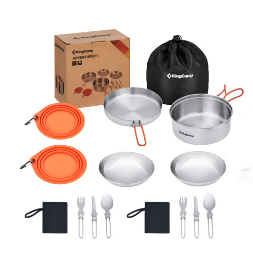 KingCamp Stainless Steel Camping Cookware Set 17pcs with Plates and Bowls Lightweight Pots and Pans with Folding Knife and Fork Set Backpacking Gear Cooking Equipment for 1-2 Person