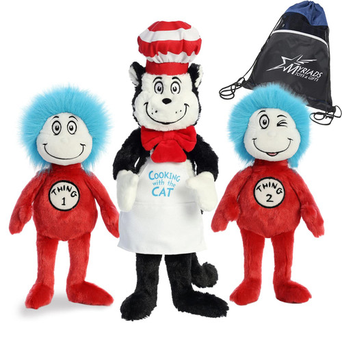 Aurora Cat in The Hat Set of 3 Plush Bundle: 14" Chef Cat in The Hat, 12" Thing 1 and Thing 2 with Exclusive Myriads Drawstring Bag