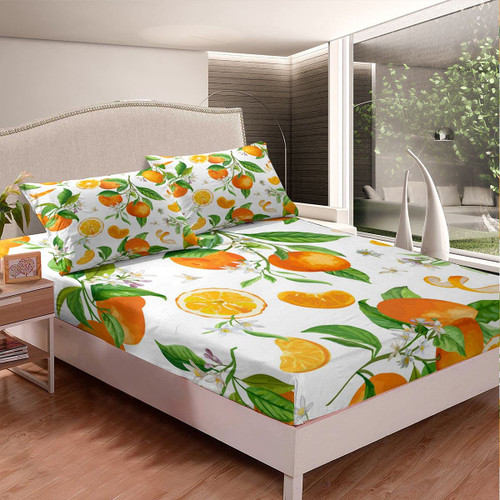 Erosebridal Orange Bed Sheet Set Fruit Theme Fitted Sheet,Yellow Fruitage Floral Bed Cover for Kids Girls Women Green Leaves Flowers Bedding Set with 1 Pillow Case Twinxl Size