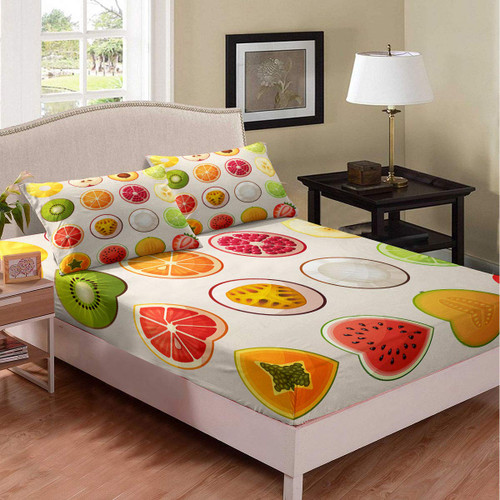 Erosebridal Strawberry Fitted Sheet Watermelon Bedding Set Kiwi Orange Sheet Set Food Fruit Orchard Bed Cover for Kids Teens, Soft Microfiber 1 Fitted Sheet with 1 Pillow Case TwinXL Size