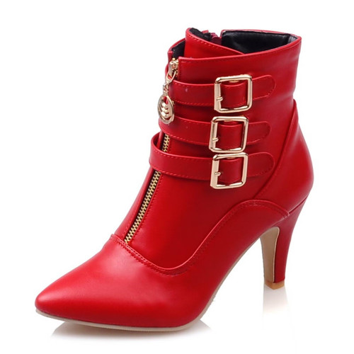 MEOTINA Buckle Ankle Boots for Women Pointed Toe High Heels Booties with Zipper Kitten Heel Shoes Red 8.5