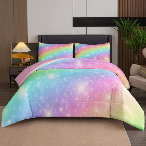 NINENINE Rainbow Bedding Sets,Twin Comforter Set for Girls,Twin Bedding Sets for Girls,Pink Comforter Glitter Bedding Comforter Set with 1 Comforter 1Pillowcase