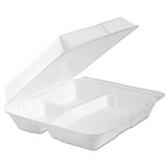 Foam Hinged Lid Container, 3-Comp, 9.3 x 9 1/2 x 3, White, 100/Bag, 2