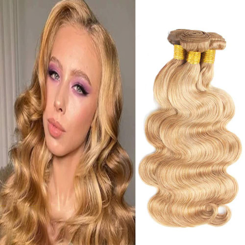 P27/613 Honey Blonde Body Wave Bundles Human Hair Honey Blonde Bundles 8 10 12 inch Double Weft No Tangle Hair Ombre Highlight Bundles Brazilian Virgin Hair Extensions For Black Women