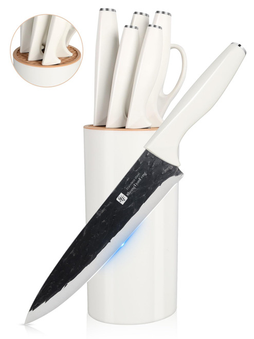 Knife Set, White Knife Set 7-Piece + Knife Block Sets Universal Round Holder, Stainless-Steel knives Set for Kitchen with Block, Anti Slip kitchen knife set, Lightweight Dishwasher Safe Space Saving