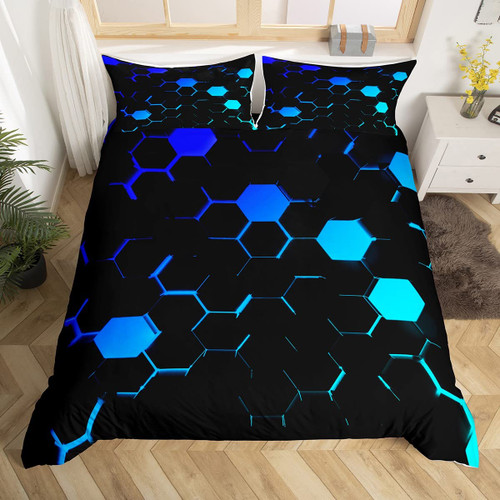 Kids 3D Honeycomb Duvet Cover Set Twin Size,Neon Light Blue Black Hexagon Bedding Set 2pcs Boys Video Games Comforter Cover Teens Bedroom Decor Modern Fashion Geometry Quilt Cover,1 Pillowcase
