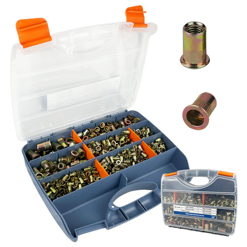 TR TOOLROCK 860pcs Rivet Nut Kit, SAE UNC Rivet Nuts Assortment 6#-32, 8#-32, 10#-24, 1/4"-20, 5/16"-18, 3/8"-16, 1/2"-13, Zinc Plated Finish, Carbon Steel Flat Head Insert Threaded Rivet Nut Tool Kit