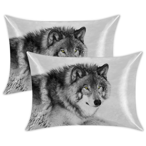 Animal Wolf Satin Pillowcase Set of 2 for Hair and Skin Silk Washable Pillowcase, Wolve Print Pillow Cases Cooling Satin Pillow Covers with Envelope Closure, Standard Size(20x30 inches)