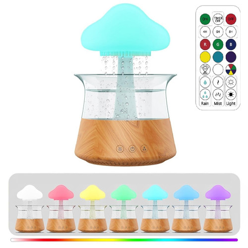 Rain Cloud Humidifier Water Drip, 2 in 1 Rain Cloud Diffuser, Rain Drop Humidifier, Mushroom Aromatherapy Essential Oil Diffuser with 7 Colors for Bedroom and Desk (Wood Grain+Remote Control)