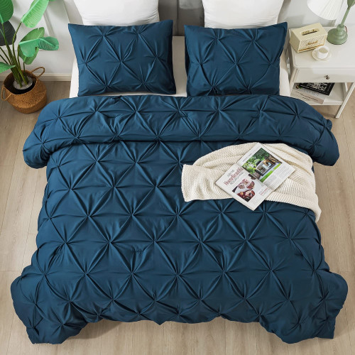 Andency Navy Blue Pinch Pleat Comforter Twin(66x90Inch), 2 Pieces(1 Pintuck Comforter, 1 Pillowcase) Microfiber Pintuck Comforter Set Down Alternative Comforter Bedding Set