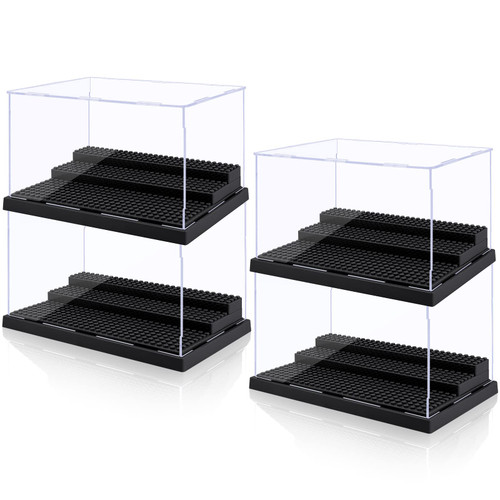 4 Pack Display Case for Minifigure Action Figures Blocks,2 Pack of Clear Acrylic Minifigure Display Case Box Storage with 3 Movable Steps Gifts for Kids Adults (Black)