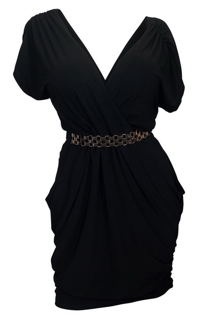 eVogues Plus Size Deep V-Neck Wrap Bodice Dress (1x, Black)