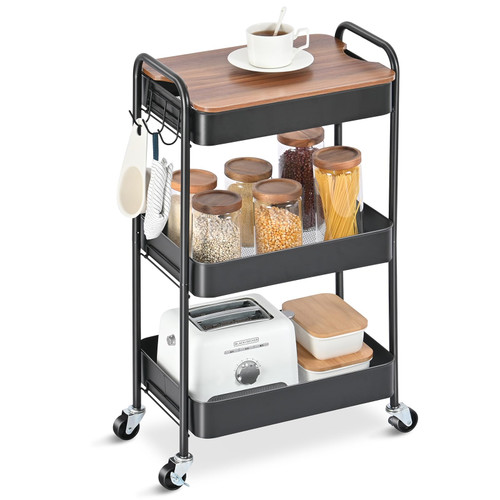 TOOLF 3-Tier Rolling Cart, Metal Utility Cart with Top, Storage Craft Cart with Wheels, Trolley Organizer Serving Cart Easy Assembly for Office, Bathroom, Kitchen, Kids' Room, Classroom, Black