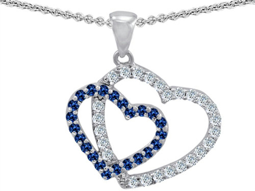 Star K Created Sapphire Double Heart Pendant Necklace Sterling Silver