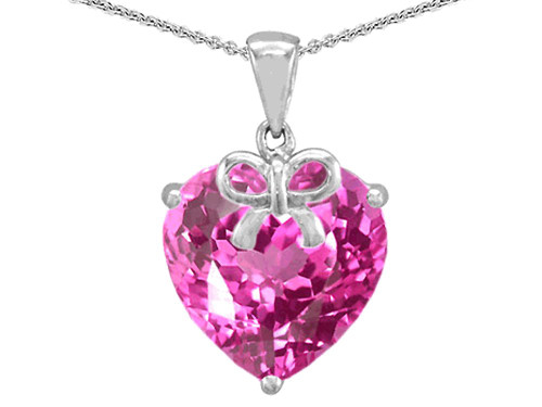 Star K Large Heart Shape Created Pink Sapphire Ribbon Heart Pendant Necklace Sterling Silver
