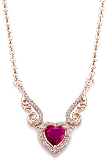 Heart Shape Simulated Ruby & Round Shape White Cubic Zirconia Angel Wings Heart Pendant Necklace In 14K Rose Gold Over Sterling Silver Heart Shape Simulated Ruby & Round Shape White Cubic Zirconia Angel Wings Heart Pendant Necklace In 14K Rose Gold Over Sterling Silver