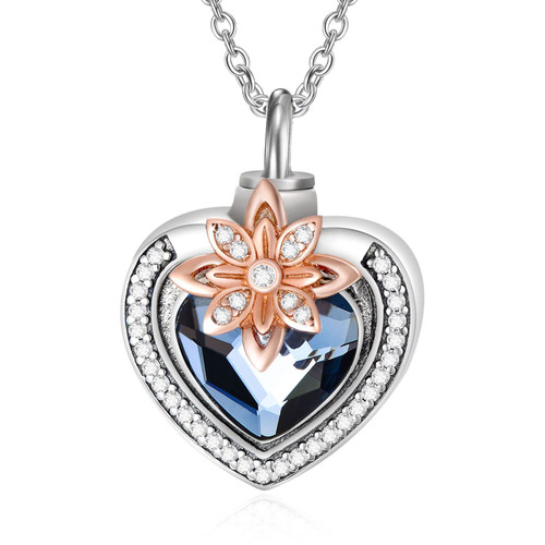 AOBOCO 925 Sterling Silver Heart with Flower Urn Necklace for Ashes Engraved Forever in My Heart Cremation Keepsake Necklace with Austrian Crystals Memorial Jewelry Gift for Women
