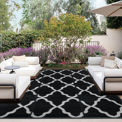 OutdoorLines Outdoor Plastic Area Rugs for Patio 5x8 ft - Reversible Outside Carpet, Stain & UV Resistant RV Mats, Straw Rug for Camping, Deck Garden, Porch and Balcony, Moroccan Black & Light Grey