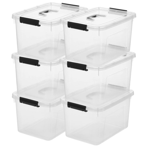 JUJIAJIA Clear Storage Latch Box 12 Quart, Plastic Organizing Box/Bin with Lid and Black Handles, 6-Pack