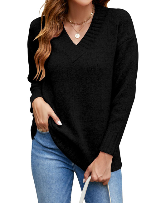 Bluetime Women Oversized Soft Pullover Tops Winter Casual Long Sleeve Sweater V Neck Plain Loose Sweaters (M, Black)