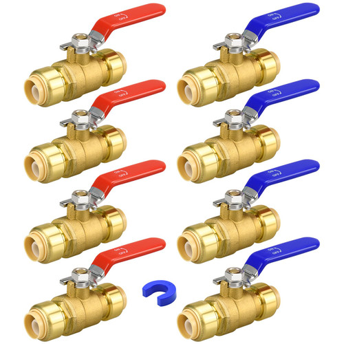 1/2/4/8 Pack Push Fit Ball Valves, 1/2" Valves/ 3/4" Valves with Disconnect Clip, Push-to-Connect Water Shut Off Valve for Hot and Cold Water (1/2in, 4pcs Red+4pcs Blue)