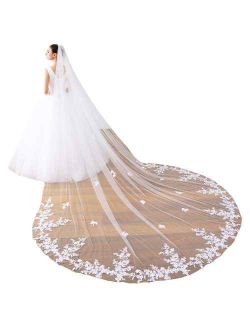 ELAWBTY 1 Tier Floral Lace Wedding Bridal Veil For Bride 3.5M White Royal Length