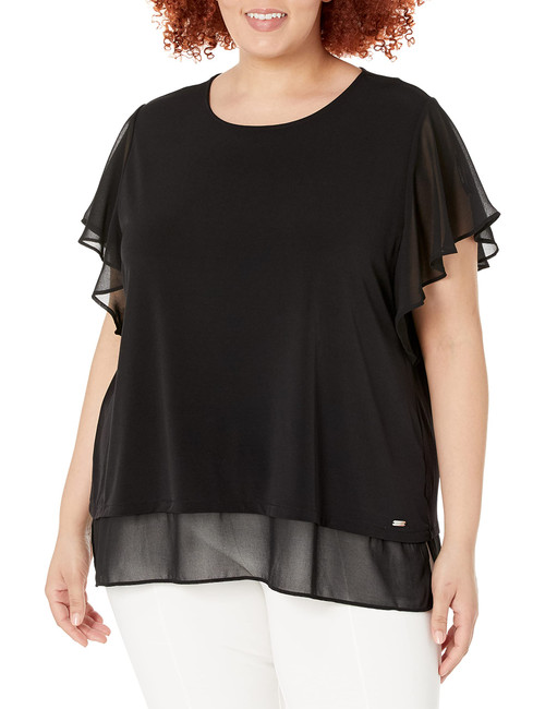 Calvin Klein Women's Plus Size Long Sleeve Blouse with Ruffle Detail, 1X Black