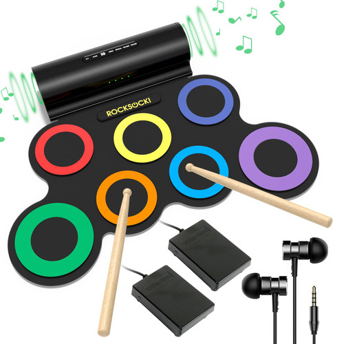 ROCKSOCKI Electronic Drum Set, 7 Drum Practice Pad, Roll-up Electric Drum Set with Free Headphone, Built-in Speaker Drum Sticks Foot Pedals 10 Hours Playtime, Great Holiday Xmas Birthday Gift for Kids