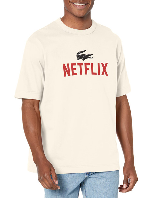 Lacoste Contemporary Collection's Men's Netflix Short Sleeve Loose Fit Graphic Tee Shirt, Flour, 3X-Large