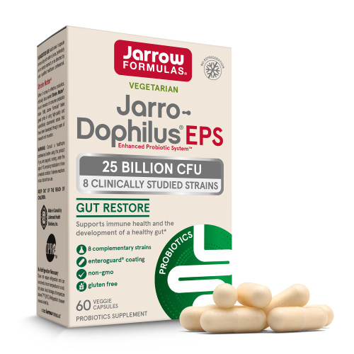 Jarrow Formulas Jarro-Dophilus EPS Gut Restore Probiotics 25 Billion CFU With 8 Clinically-Studied Strains, Dietary Supplement for Intestinal and Immune Support, 60 Veggie Capsules, 60 Day Supply