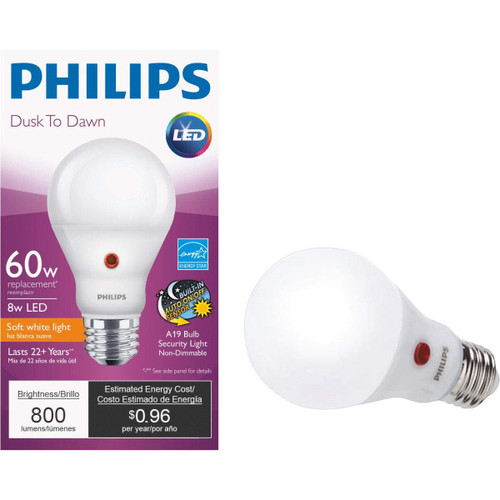 Phillips 466581 8 Watt E26 A19 Frosted Soft White Led Non-Dimmable Dusk To Dawn Light Bulb 6 Count