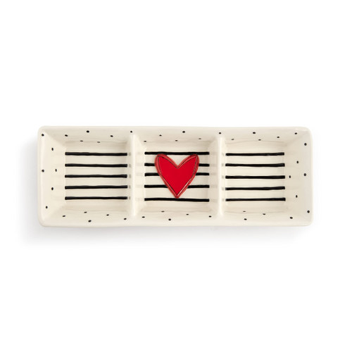 DEMDACO Heart and Stripes Red 14 x 5 Ceramic Stoneware Divided Serving Bowl Dish