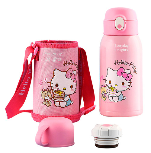 Everyday Delights Sanrio Hello Kitty Stainless Steel Insulated Water Bottle with Cup, Straw and Bag 620ml, Pink