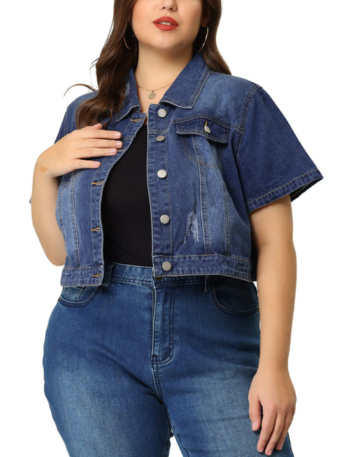 Agnes Orinda Plus Size Denim Jackets for Women 2023 Cropped Wash Short Sleeves Jean Jacket 1X Blue