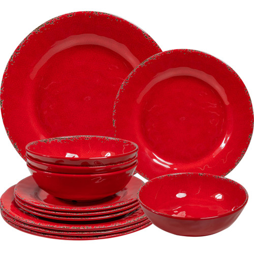 ZAROCRUS 12 Piece Farmhouse Melamine Dinnerware Sets, Service For 4 Rustic Crackled Plates and Bowls Sets, Melamine Dishes Set for Christmas,Wedding, Set of 4 Camping Dishes, Red