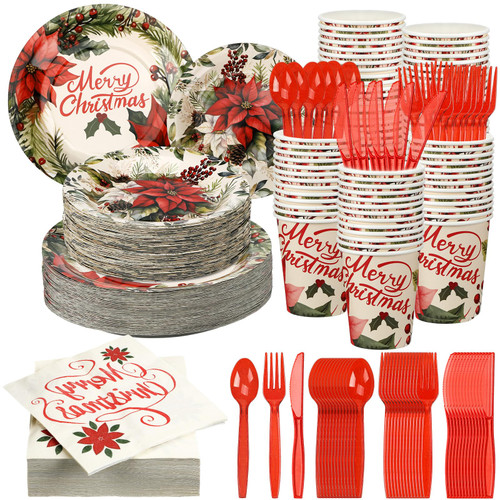 Umigy 400 Pcs Christmas Disposable Dinnerware Set for 50 Guests Poinsettia Flower Paper Plates and Napkins Cups Plastic Forks Knives Spoons Set, Xmas Party Supplies Holiday Birthday Dinner Tableware Umigy 400 Pcs Christmas Disposable Dinnerware Set for 50 Guests Poinsettia Flower Paper Plates and Napkins Cups Plastic Forks Knives Spoons Set, Xmas Party Supplies Holiday Birthday Dinner Tableware