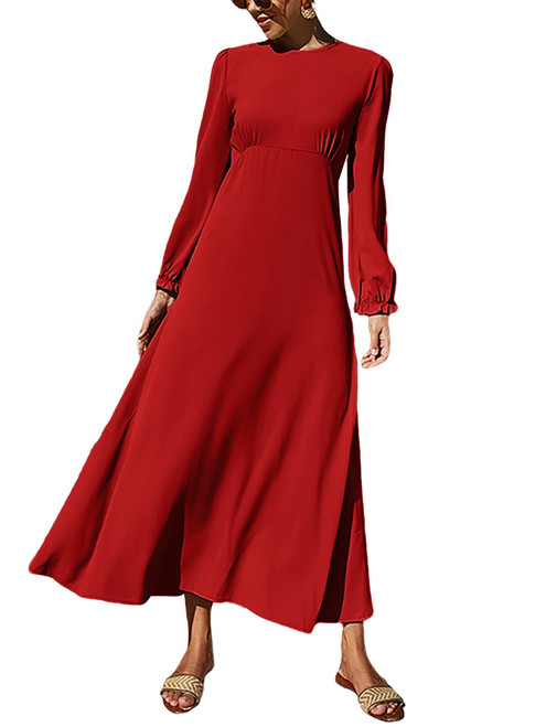 Rooscier Women's Ruffle Long Sleeve Empire Waist A Line Swing Flowy Long Maxi Dress Red Large