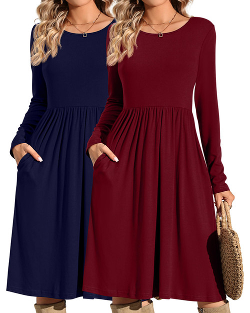 Riyiper 2 Pack Women Casual Long Sleeve Dresses Loose Fit Swing Pleated Dress with Pockets Knee Length (Navy Blue, Wine Red,Large)