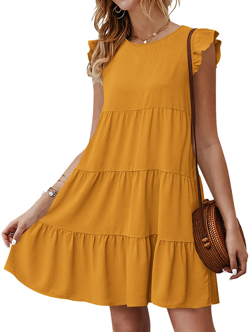 KIRUNDO Women's Casual Dresses 2023 Summer Sleeveless Ruffle Sleeve Round Neck Loose Short Flowy Tiered Pleated Mini Dresses, Dark Yellow, Large KIRUNDO Women's Casual Dresses 2023 Summer Sleeveless Ruffle Sleeve Round Neck Loose Short Flowy Tiered Pleated Mini Dresses, Dark Yellow, Large