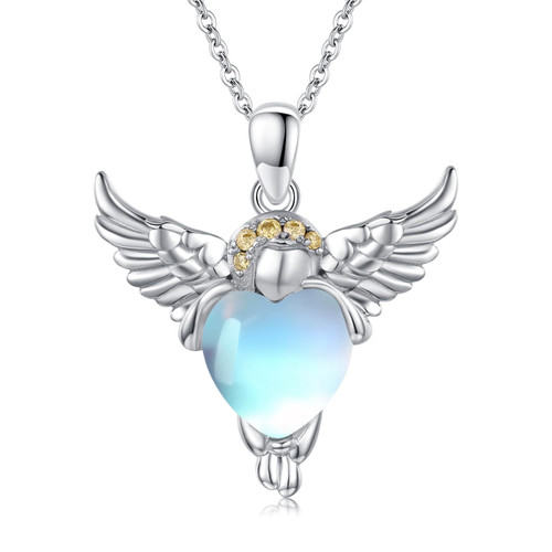 Twoowl Guardian Angel Necklace 925 Sterling Silver Angel Pendant with Heart Moonstone Necklace Jewelry Gifts for Women Twoowl Guardian Angel Necklace 925 Sterling Silver Angel Pendant with Heart Moonstone Necklace Jewelry Gifts for Women