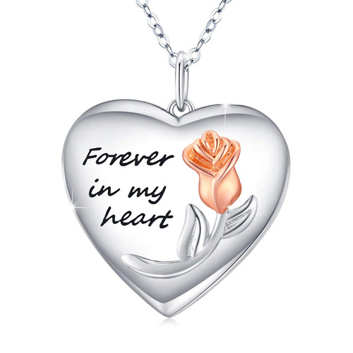 Rose Flower Heart Locket Necklace Locket Necklace That Holds Pictures S925 Sterling Silver Personalized Heart Locket Necklace Custom Photo Forever in My Heart Necklace Gift for Women Girlfriend(rose glod)