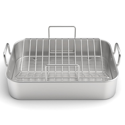 Stainless Steel Roasting Pan, 17*13 Inch Turkey Roaster with Rack - Deep Broiling Pan & V-shaped Rack & Flat Rack, Non-toxic & Heavy Duty, Great for Thanksgiving Christmas Roast Chicken Meat Lasagna Stainless Steel Roasting Pan, 17*13 Inch Turkey Roaster with Rack - Deep Broiling Pan & V-shaped Rack & Flat Rack, Non-toxic & Heavy Duty, Great for Thanksgiving Christmas Roast Chicken Meat Lasagna
