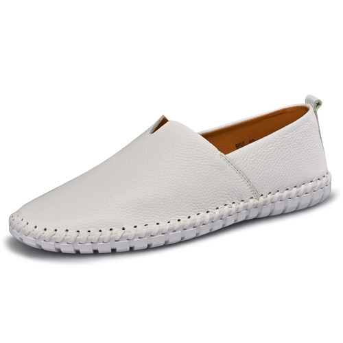 LUODENGLANG Men's Genuine Leather Loafer Shoes Slip On Soft Breathable Handmade Stitching Fashion Casual Shoes Lightweight Driving Dress Shoe White 9.5 M43